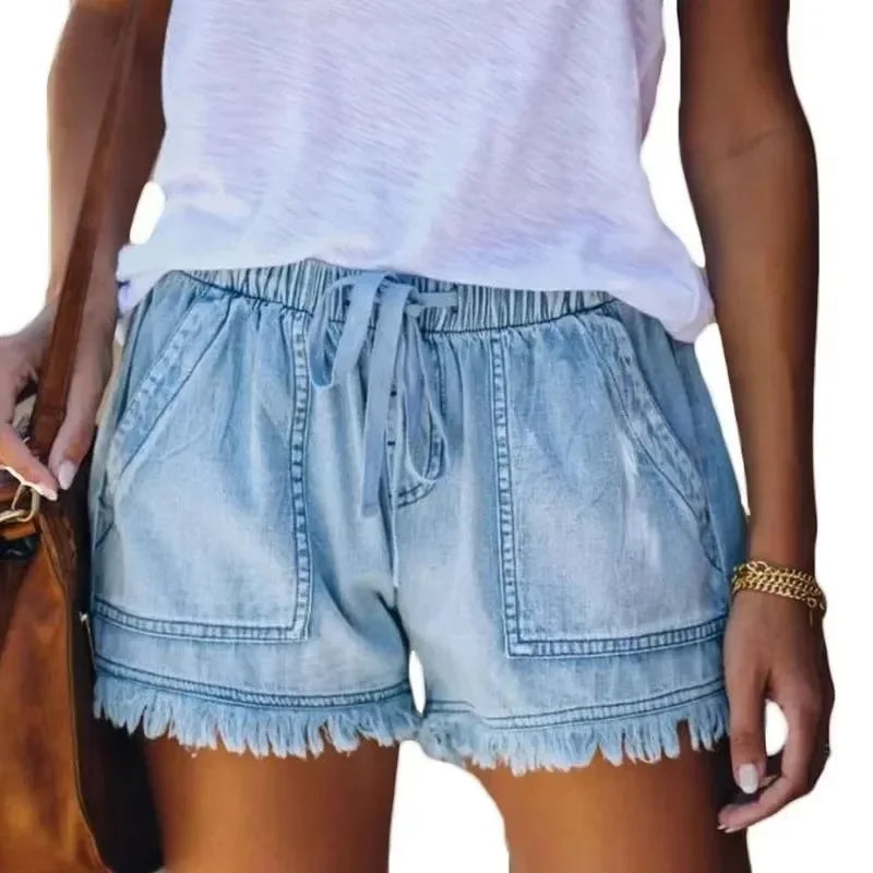 2023 New High Waist Elastic Waist Casual High Waist Slim Shorts Jeans Summer Women'S Loose Straight Shorts Women Clothing