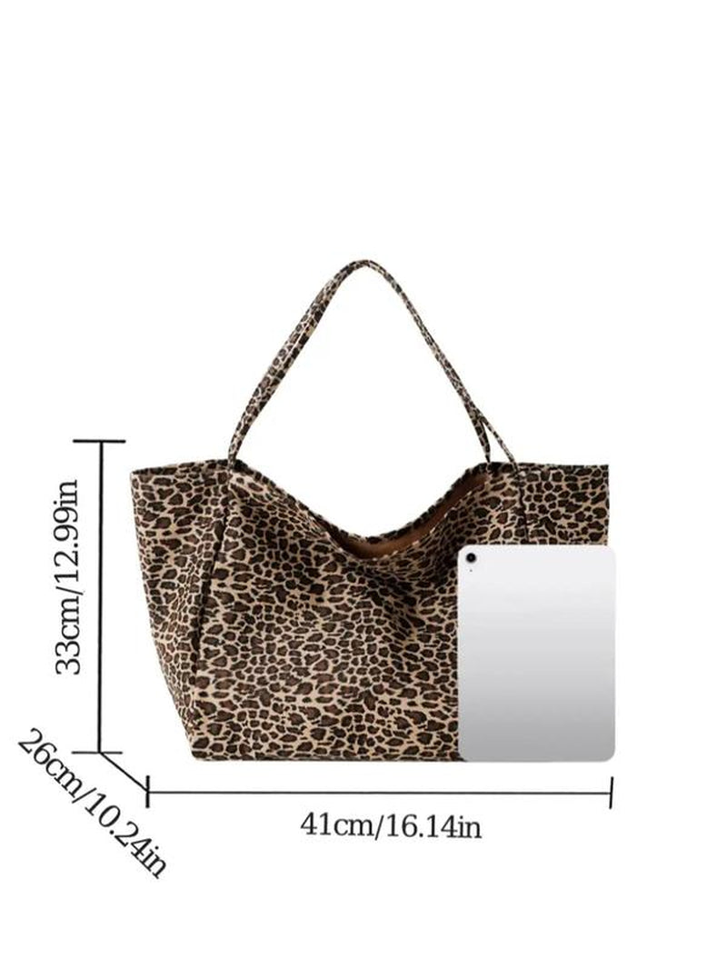 Women'S Fashion Leopard Print Tote Bag, Large Capacity Lightweight Foldable Designer Shoulder Bag, Trendy Versatile High-Quality Daily Commuting Bag, Girl Fashionable Shopping Bag