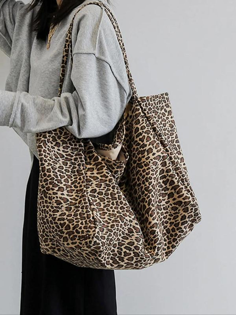 Women'S Fashion Leopard Print Tote Bag, Large Capacity Lightweight Foldable Designer Shoulder Bag, Trendy Versatile High-Quality Daily Commuting Bag, Girl Fashionable Shopping Bag